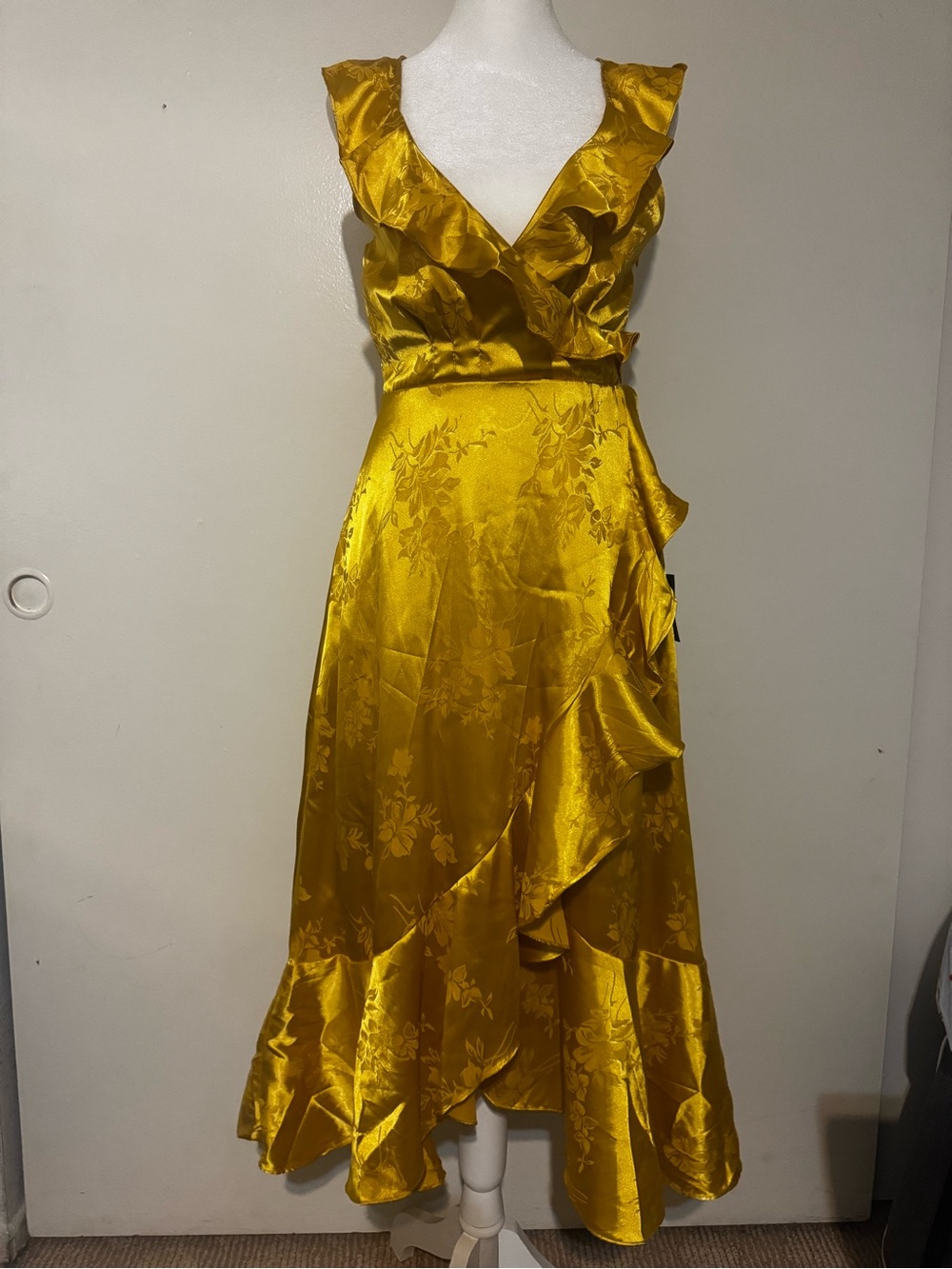 NWT Lulu's Satin Golden Yellow Ruffle Wrap Midi Dress